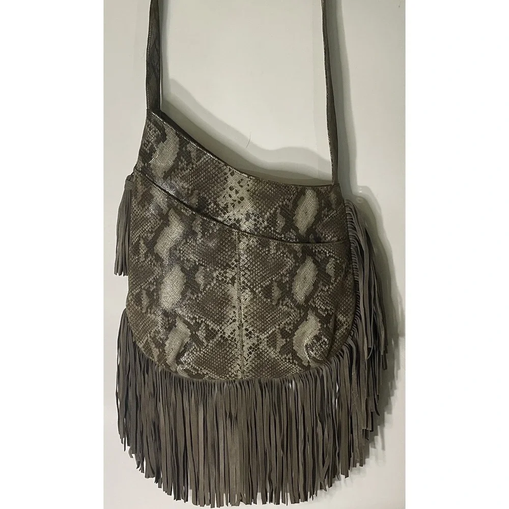 Camila Alves MUXO Python Embossed Suede Fringe Hobo Shoulder Bag Brown Taupe